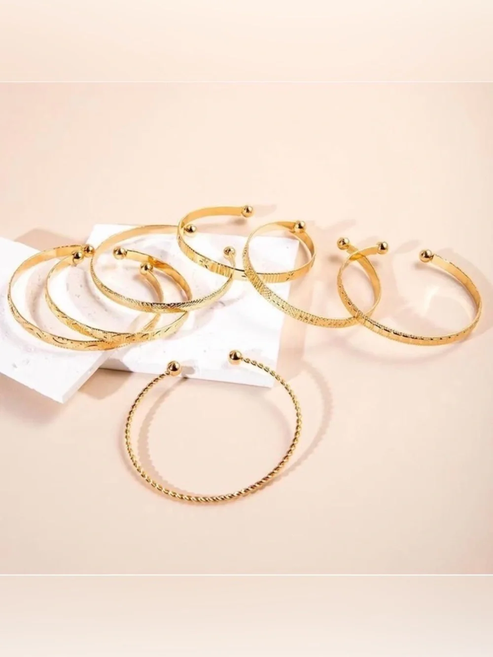 NWT~7pc 14K Gold Plated Bangle Cuff Stackable, Adjustable Bracelet Set